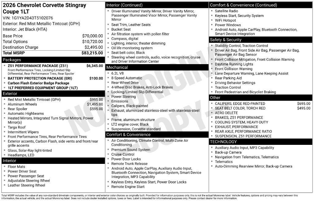 Used 2026 Chevrolet Corvette Stingray Coupe w/ Z51 Performance Package RWD image 18