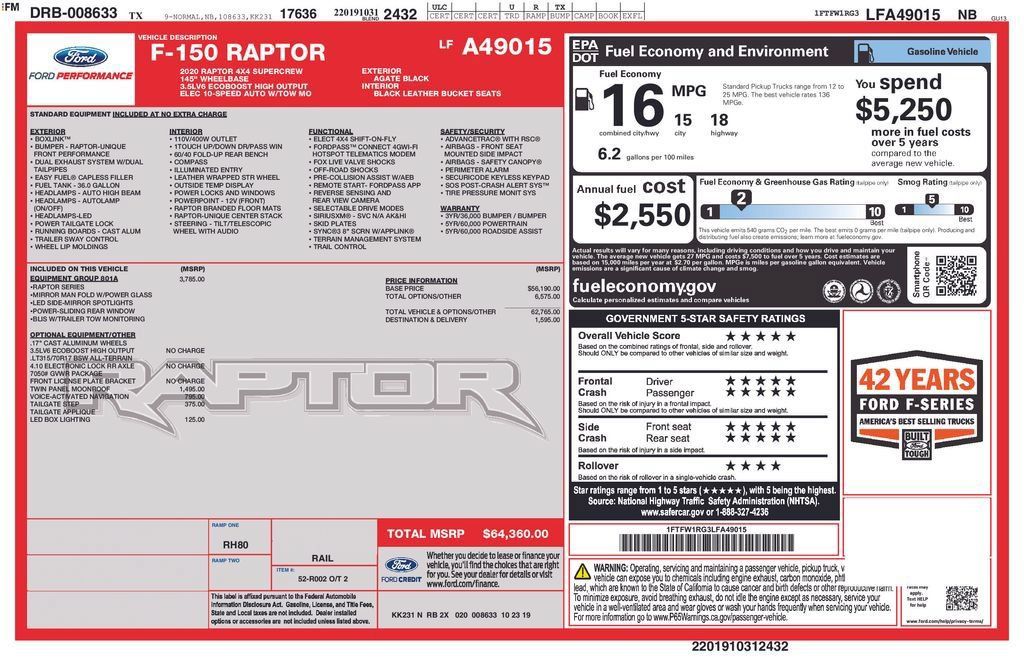 Used 2020 Ford F150 Raptor w/ Equipment Group 801A Mid AWD/4WD image 48