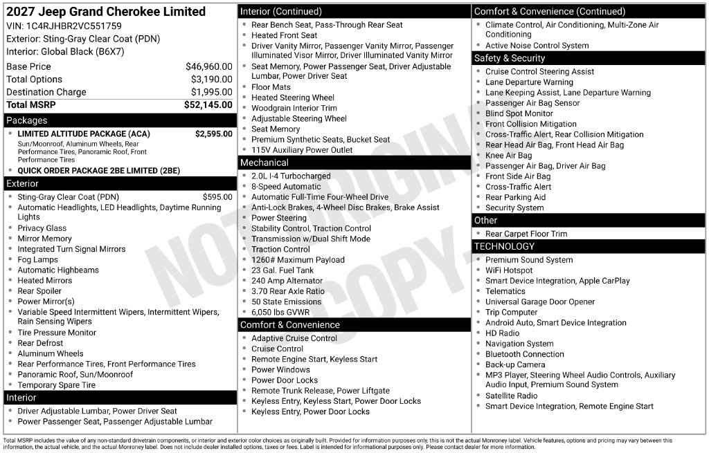 New 2027 Jeep Grand Cherokee Limited w/ Limited Altitude Package AWD/4WD image 3
