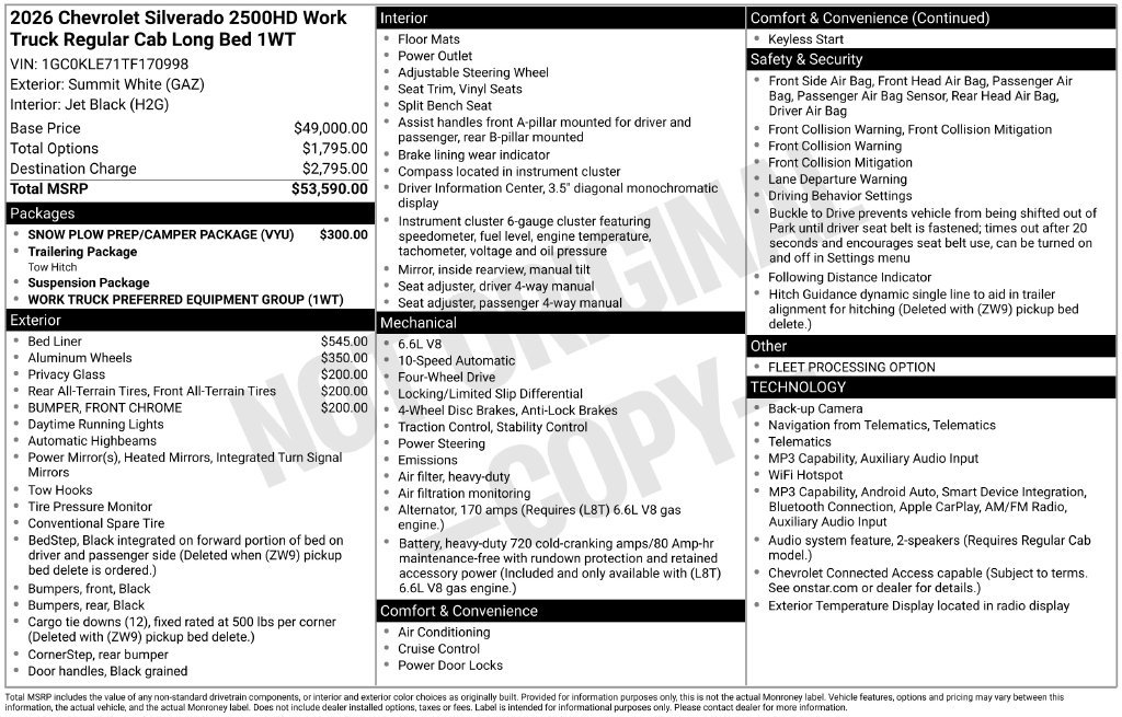 Used 2026 Chevrolet Silverado 2500 W/T w/ Snow Plow Prep/Camper Package AWD/4WD image 4