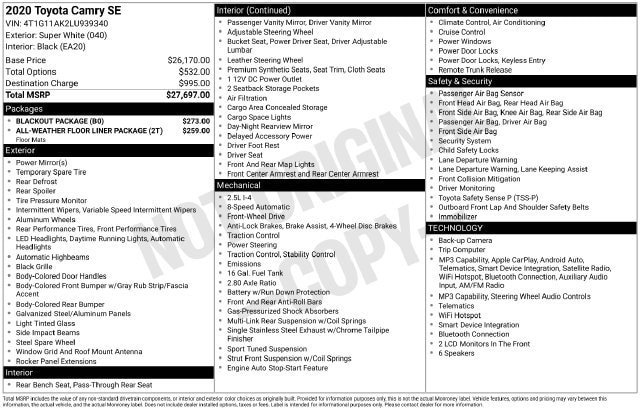 Used 2020 Toyota Camry SE w/ Blackout Package FWD image 4