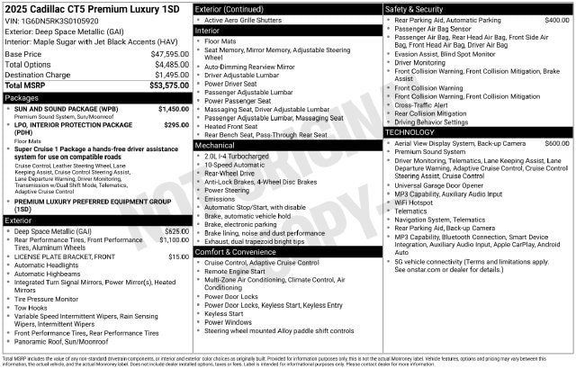Certified 2025 Cadillac CT5 Premium Luxury w/ Sun And Sound Package RWD image 34