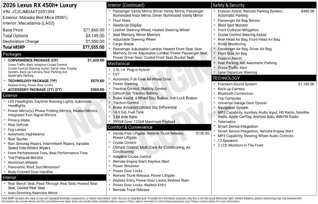 New 2026 Lexus RX 450h AWD w/ Convenience Package image 1