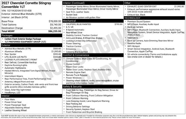 Certified 2027 Chevrolet Corvette Stingray Convertible w/ 1LT RWD image 22