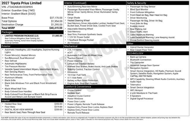 New 2027 Toyota Prius Limited w/ Limited Premium Package AWD/4WD image 32