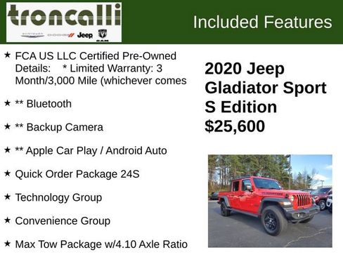 Certified 2020 Jeep Gladiator Sport w/ Quick Order Package 24S image 5