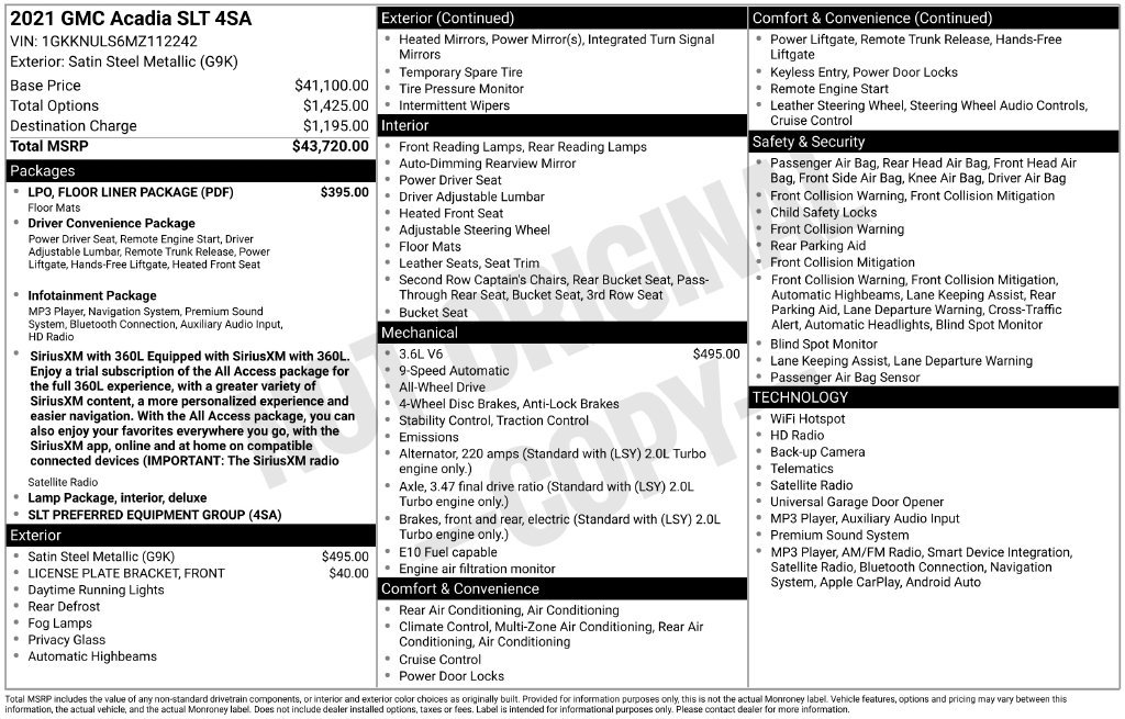 Used 2021 GMC Acadia SLT w/ LPO, Floor Liner Package AWD/4WD image 31