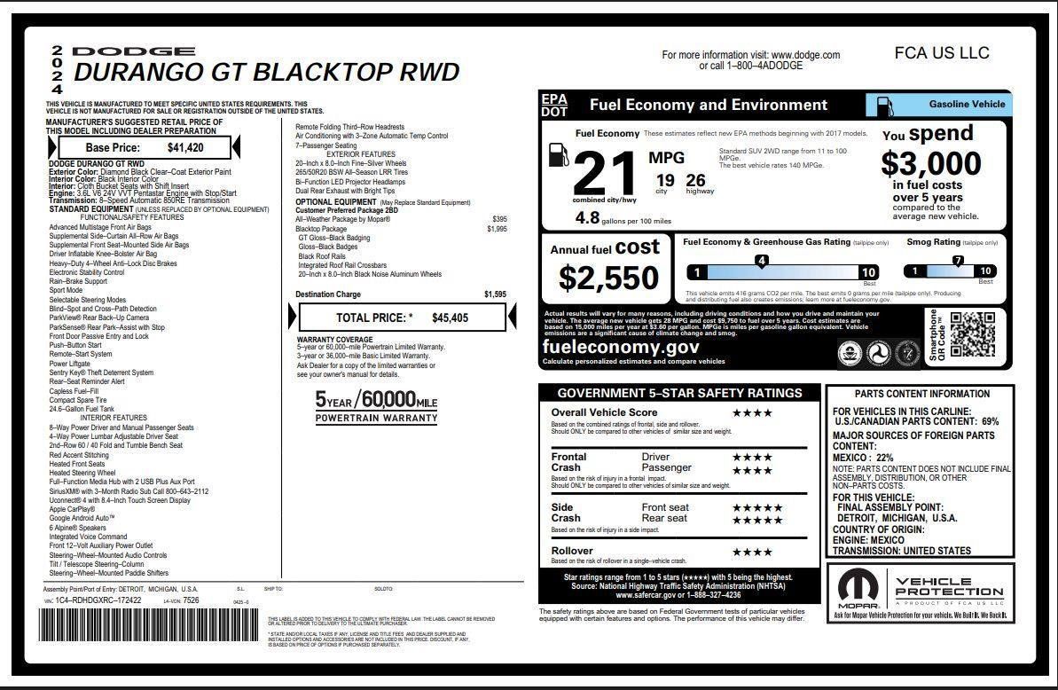 Used 2024 Dodge Durango GT w/ Blacktop Package RWD image 4