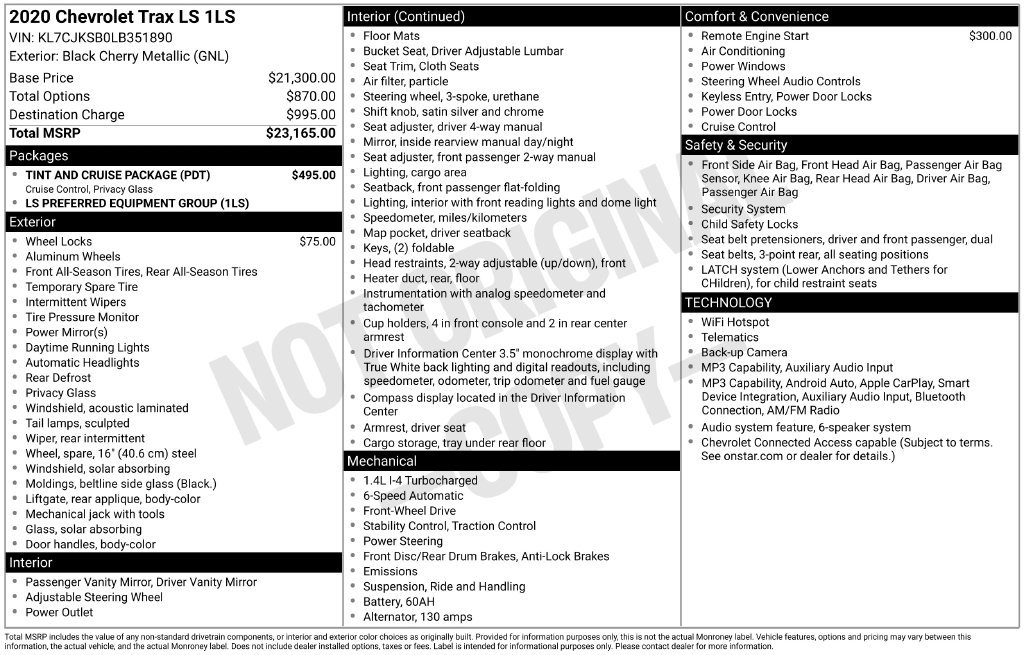Used 2020 Chevrolet Trax LS w/ Tint and Cruise Package FWD image 1