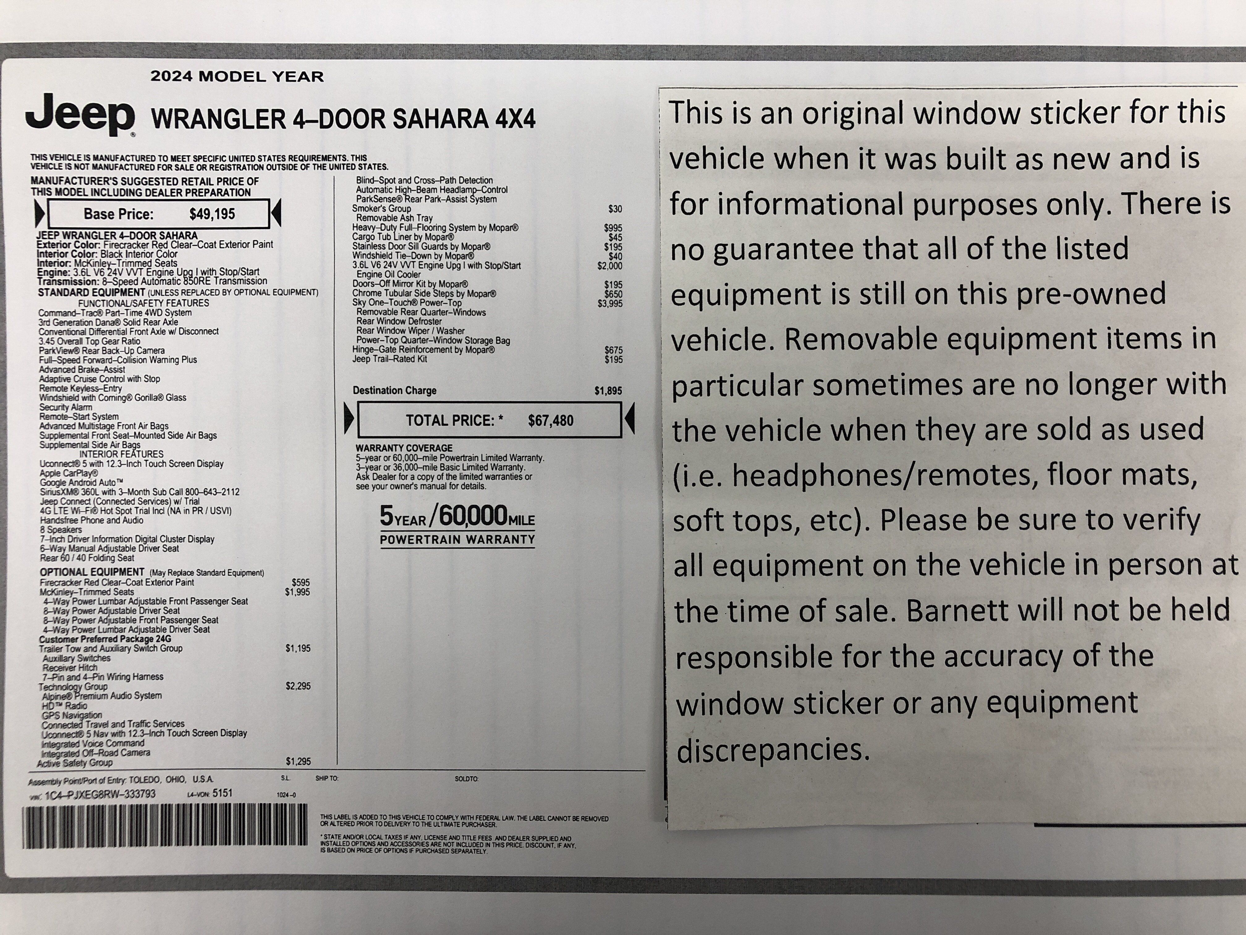 Certified 2024 Jeep Wrangler Unlimited Sahara w/ Technology Group AWD/4WD image 2