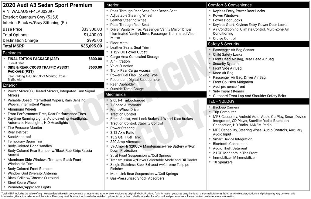 Used 2020 Audi A3 2.0T Premium w/ Final Edition Package FWD image 6