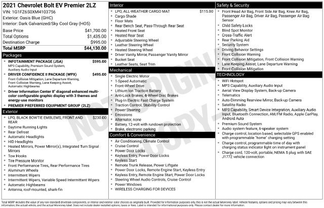 Used 2021 Chevrolet Bolt Premier w/ Infotainment Package FWD image 34