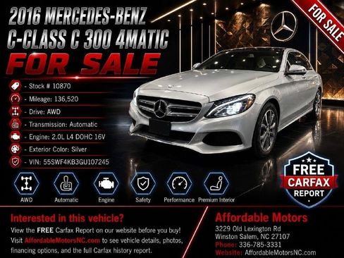 Used 2016 Mercedes-Benz C 300 4MATIC Sedan w/ Multimedia Package image 1