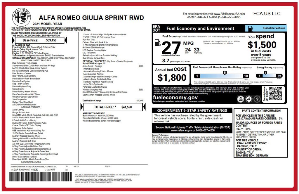 Used 2021 Alfa Romeo Giulia Sprint w/ Active Assist 1 Package RWD image 3
