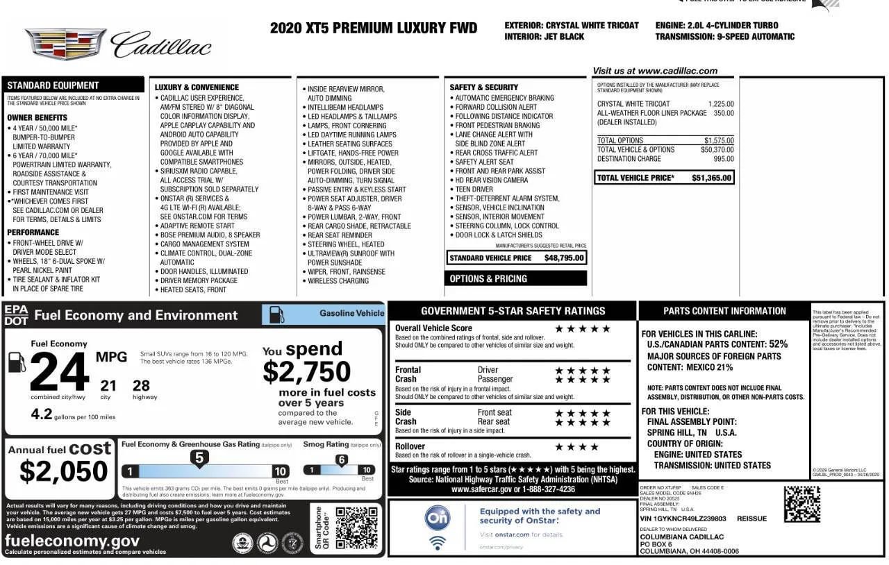 Used 2020 Cadillac XT5 Premium Luxury w/ LPO, Floor Liner Package FWD image 7