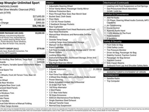 Used 2016 Jeep Wrangler Unlimited Sport w/ Quick Order Package 24S AWD/4WD image 7