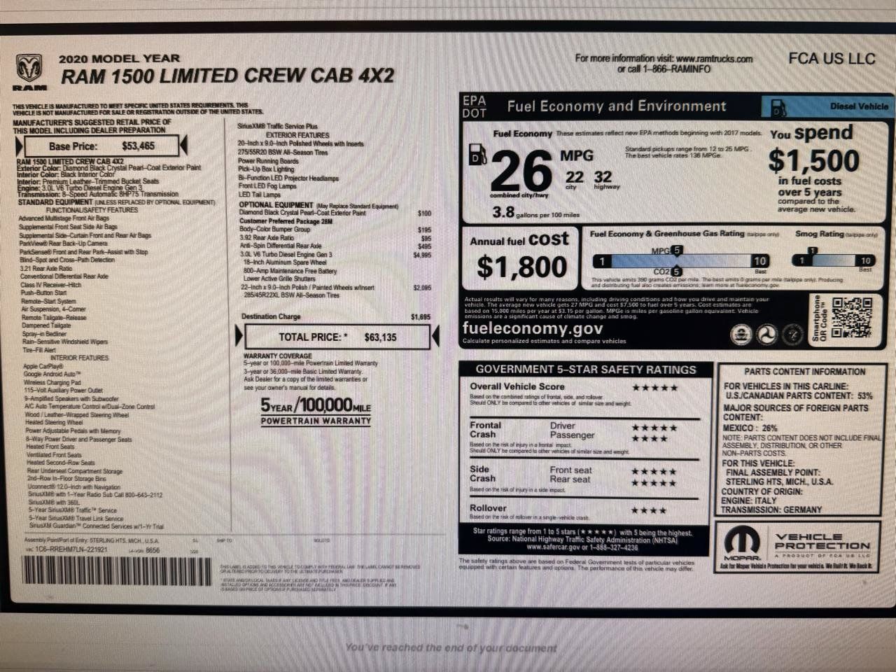 Used 2020 RAM 1500 Limited w/ Body Color Bumper Group RWD image 27