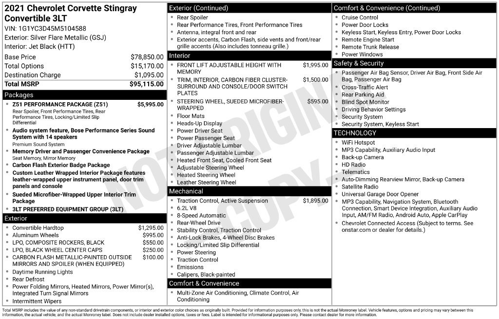 Used 2021 Chevrolet Corvette Stingray Premium Conv w/ Z51 Performance Package RWD image 55