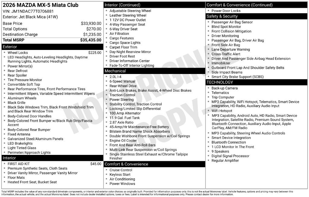 New 2026 MAZDA MX-5 Miata Club RWD image 6