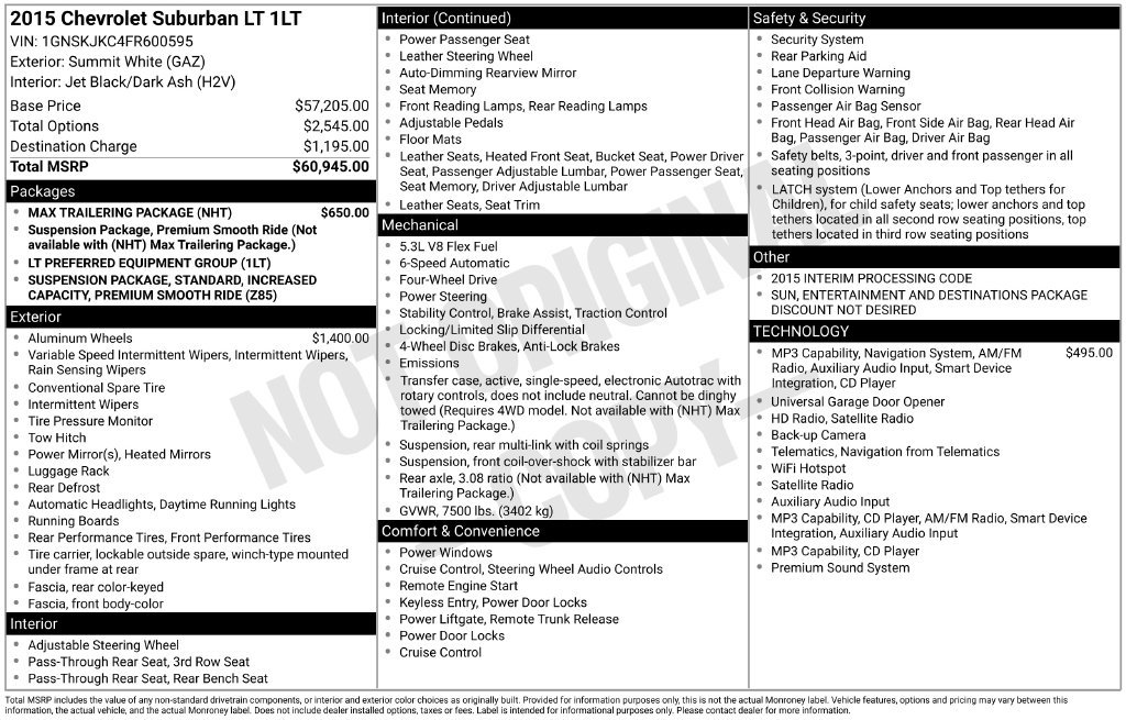 Certified 2015 Chevrolet Suburban LT w/ Max Trailering Package AWD/4WD image 9