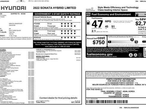 Used 2022 Hyundai Sonata Limited w/ Cargo Package image 53