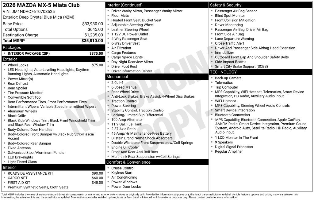New 2026 MAZDA MX-5 Miata Club w/ Interior Package RWD image 27