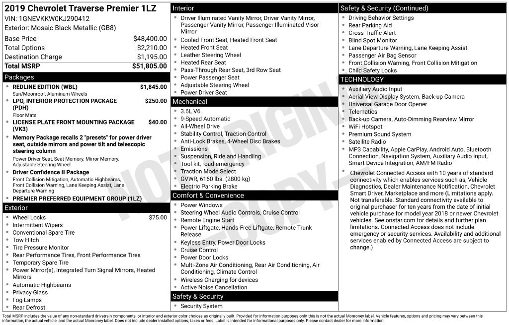 Used 2019 Chevrolet Traverse Premier w/ Redline Edition AWD/4WD image 3