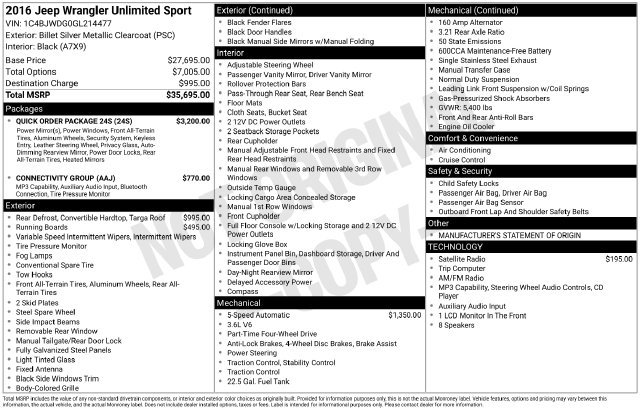 Used 2016 Jeep Wrangler Unlimited Sport w/ Quick Order Package 24S AWD/4WD image 26