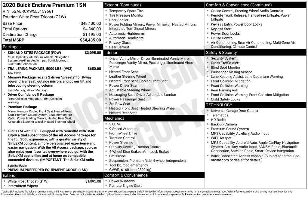 Used 2020 Buick Enclave Premium w/ Sun and Sites Package FWD image 32