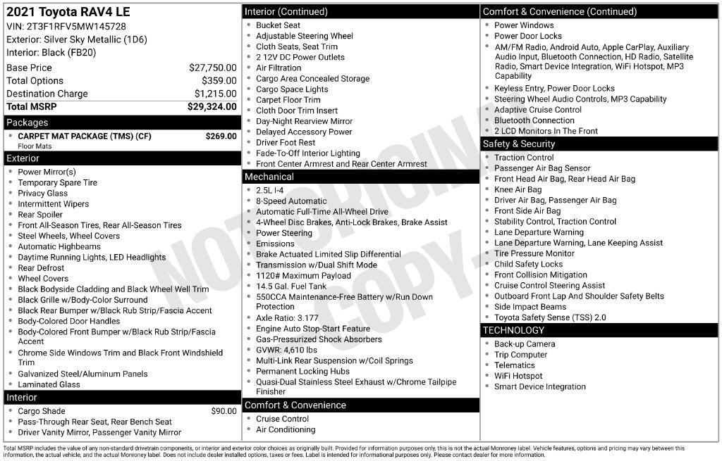 Certified 2021 Toyota RAV4 LE w/ Carpet Mat Package (TMS) AWD/4WD image 27