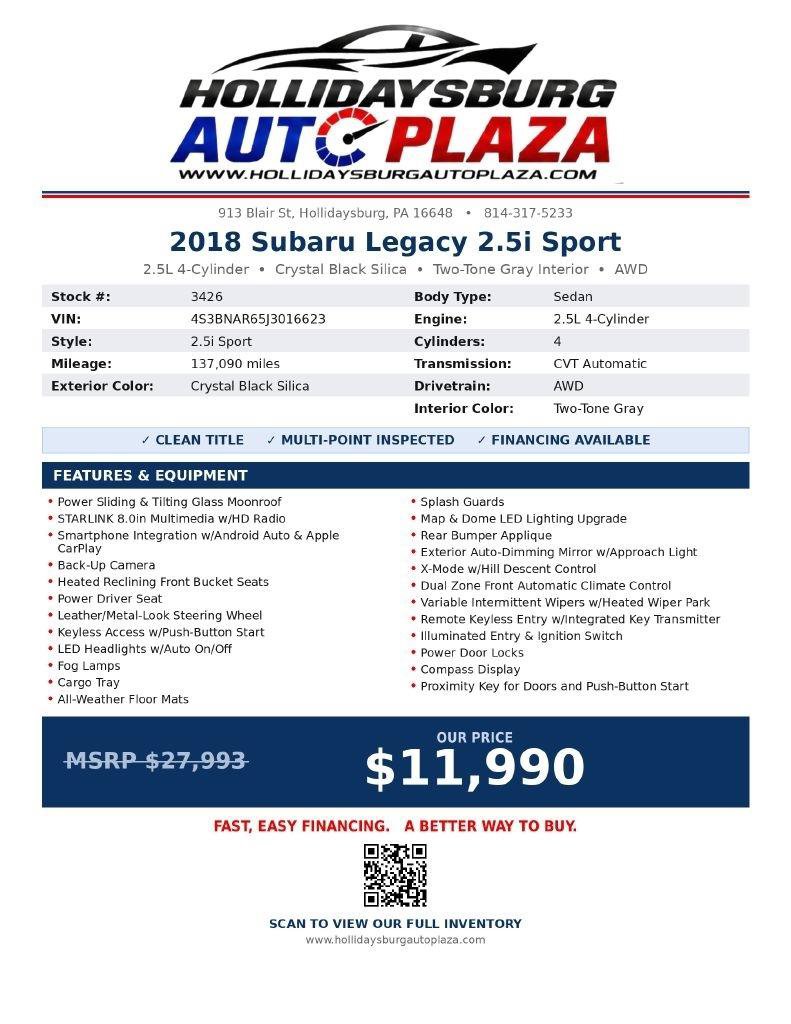 Used 2018 Subaru Legacy 2.5i Sport w/ Popular Package #2B AWD/4WD image 2