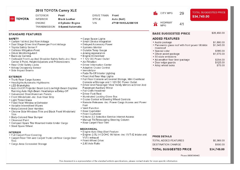 Used 2018 Toyota Camry XLE w/ Audio Package FWD image 3