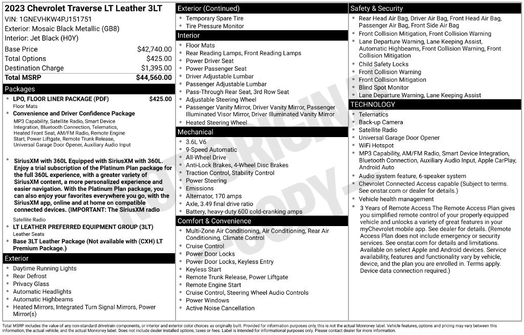 Used 2023 Chevrolet Traverse LT w/ LPO, Floor Liner Package AWD/4WD image 3