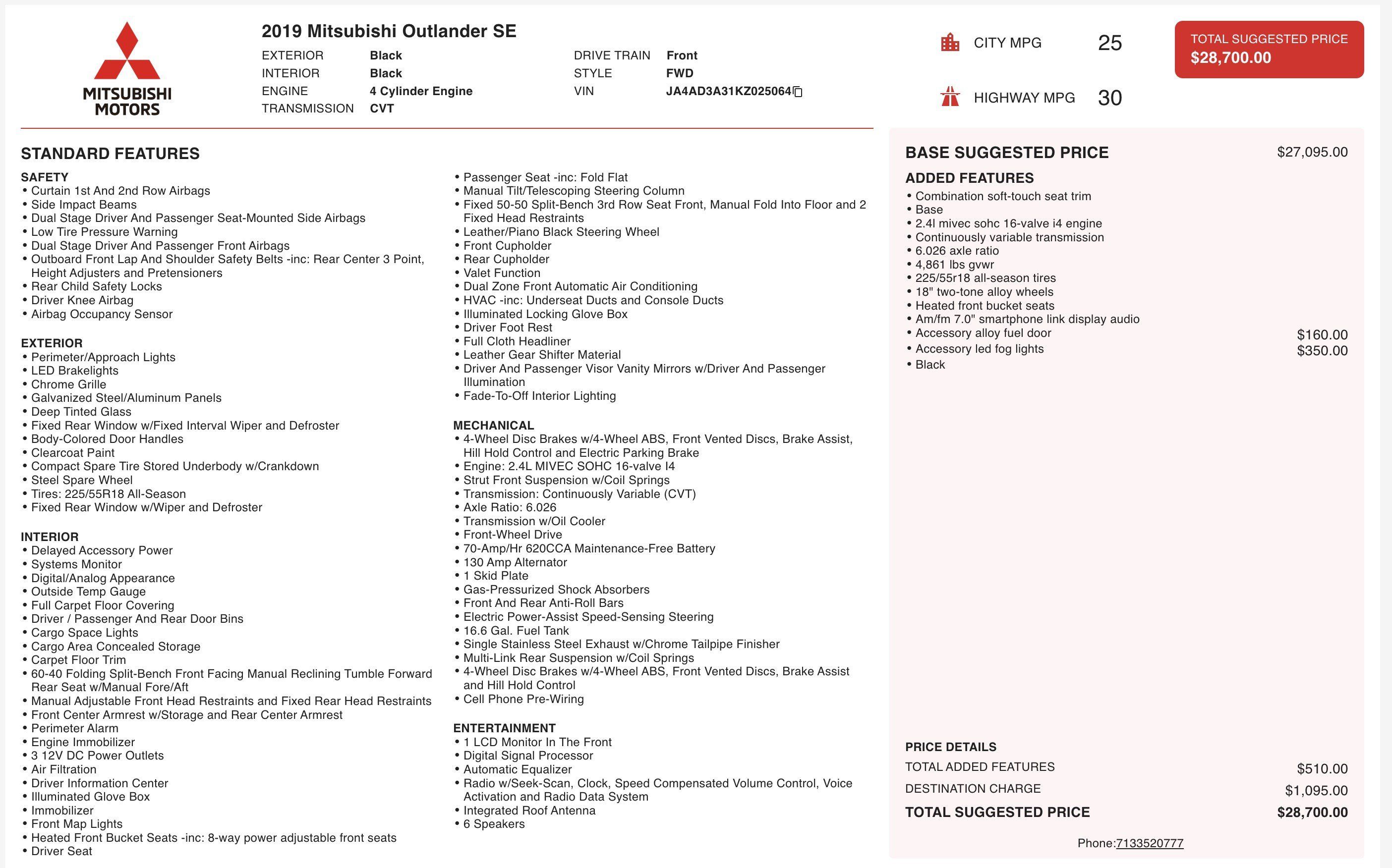 Used 2019 Mitsubishi Outlander SEL FWD image 3