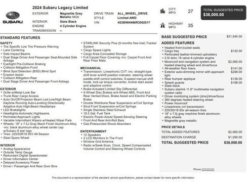 Used 2024 Subaru Legacy Limited AWD/4WD image 36