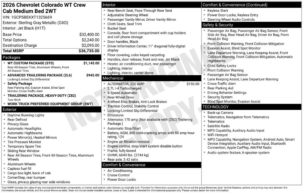 New 2026 Chevrolet Colorado W/T w/ WT Custom Package RWD image 3