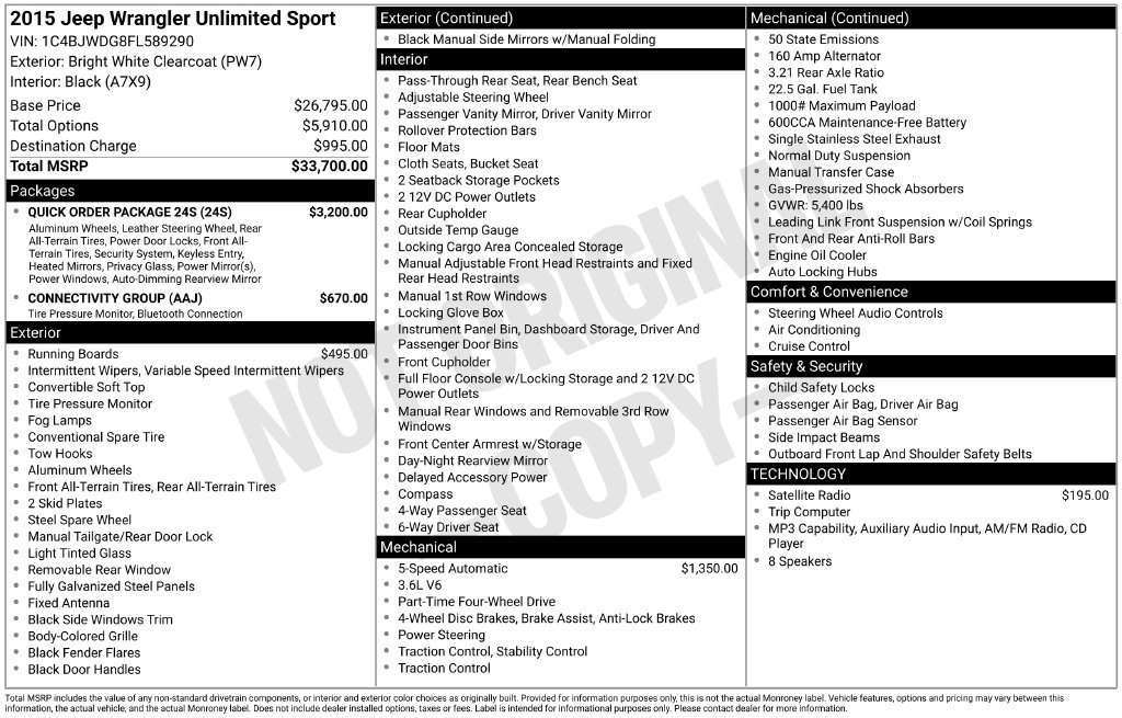 Used 2015 Jeep Wrangler Unlimited Sport w/ Quick Order Package 24S AWD/4WD image 11