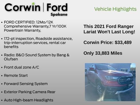 Used 2021 Ford Ranger Lariat w/ Equipment Group 501A High image 17