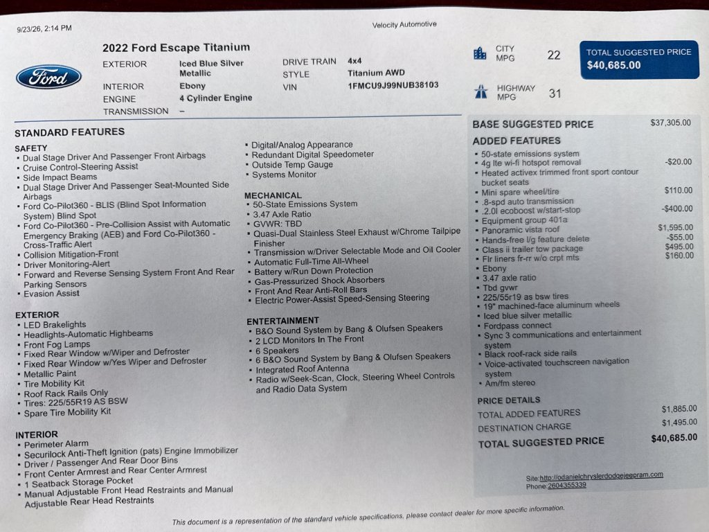 Used 2022 Ford Escape Titanium w/ Class II Trailer Tow Package AWD/4WD image 28