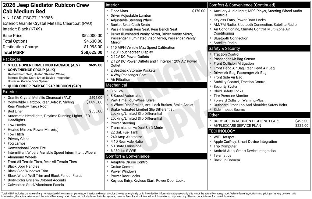 New 2026 Jeep Gladiator Rubicon w/ Steel Power Dome Hood Package AWD/4WD image 7