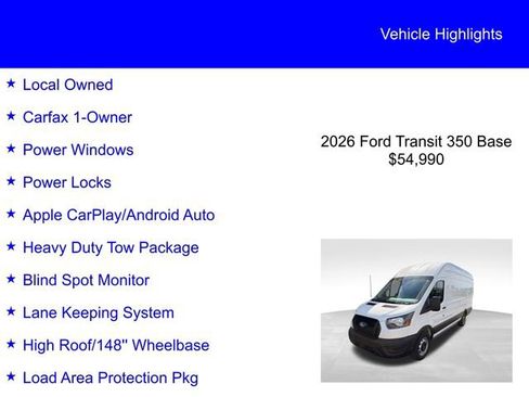 Used 2026 Ford Transit 350 148 High Roof Extended w/ Load Area Protection Package RWD image 2