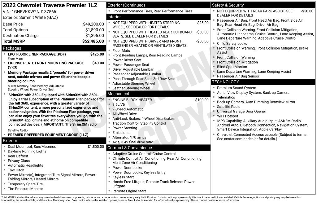 Used 2022 Chevrolet Traverse Premier w/ LPO, Floor Liner Package AWD/4WD image 1