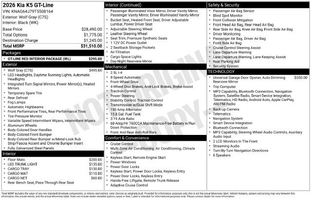 New 2026 Kia K5 GT-Line w/ GT-Line Red Interior Package FWD image 15