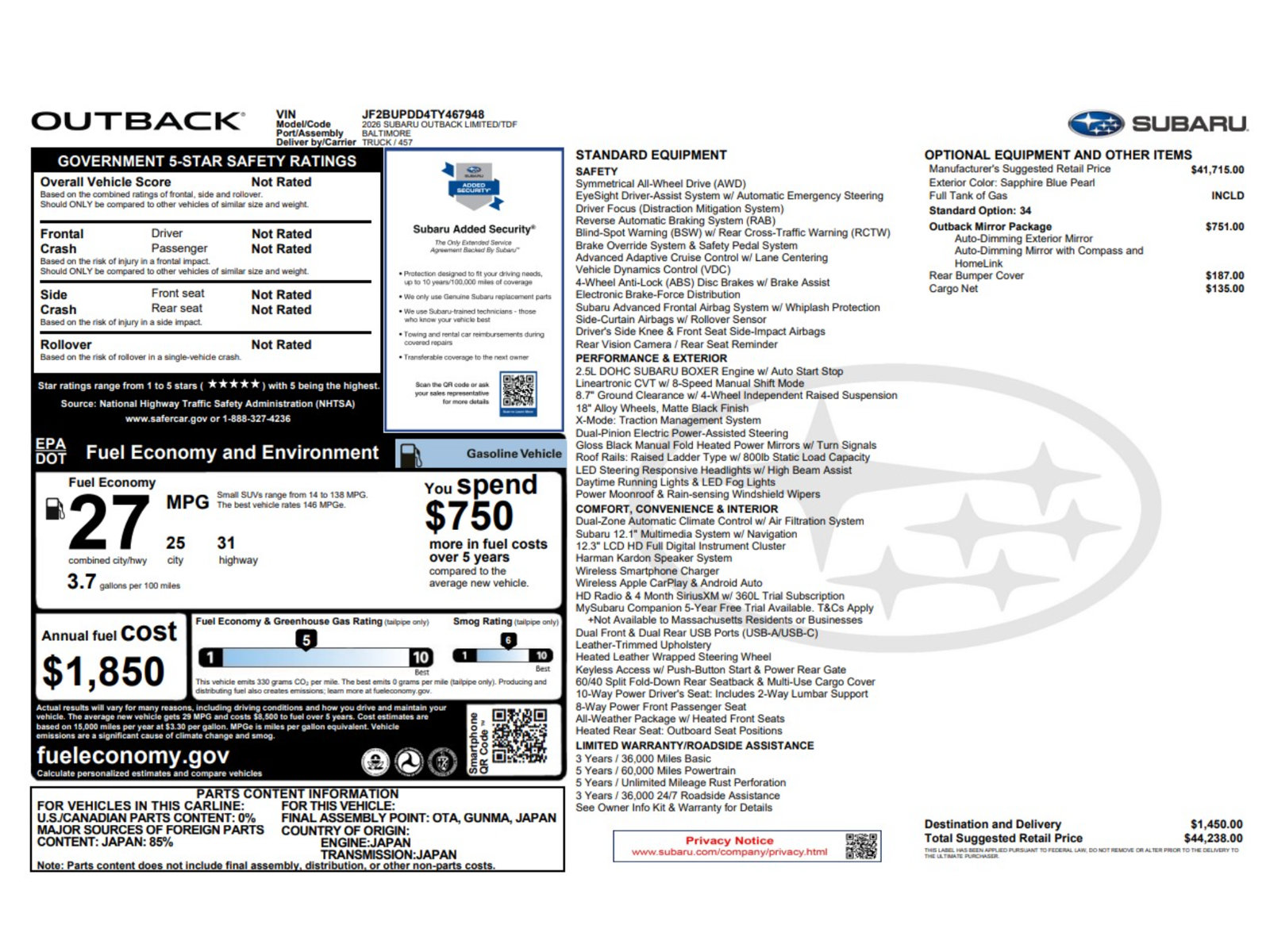 Used 2026 Subaru Outback Limited AWD/4WD image 9