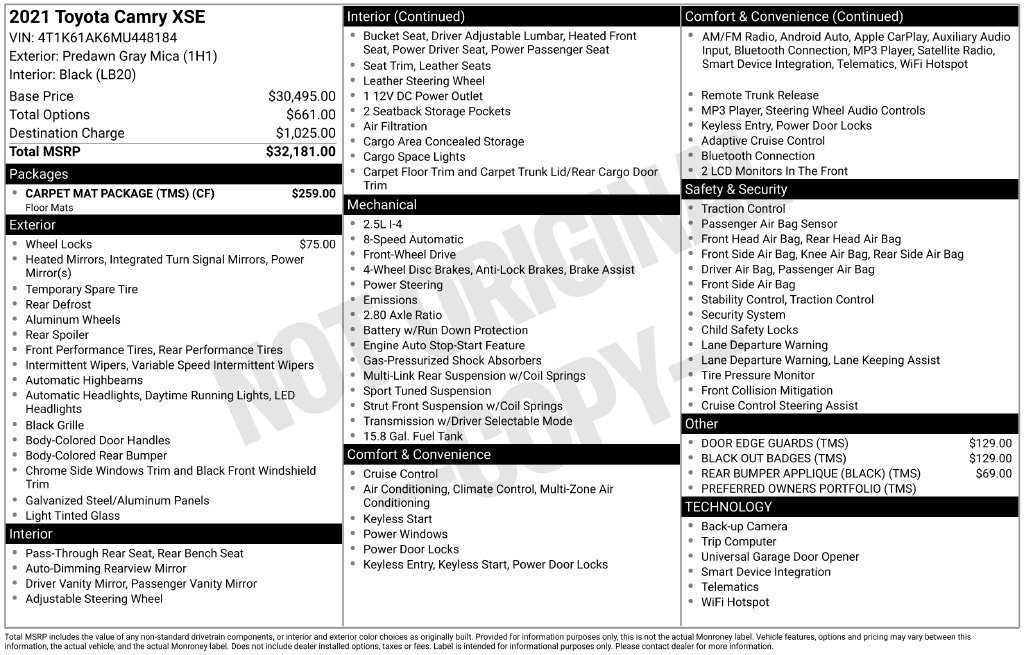 Used 2021 Toyota Camry XSE w/ Carpet Mat Package (TMS) FWD image 40