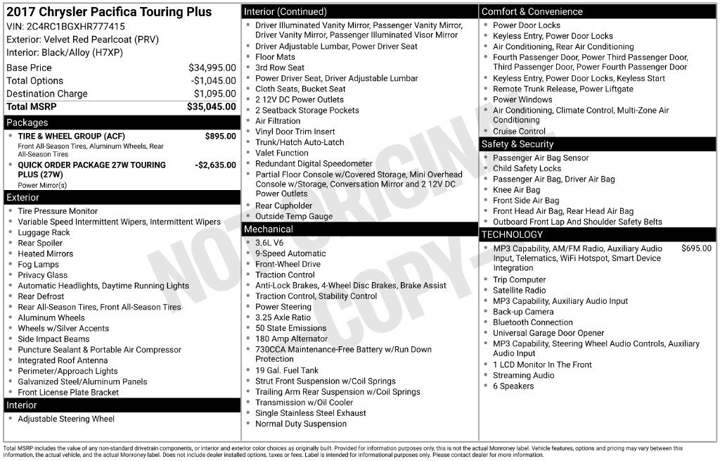 Used 2017 Chrysler Pacifica Touring Plus w/ Tire & Wheel Group FWD image 3