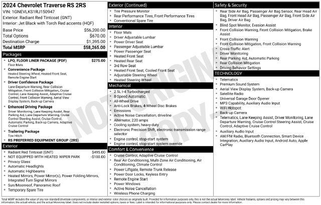 Used 2024 Chevrolet Traverse RS w/ LPO, Floor Liner Package AWD/4WD image 2