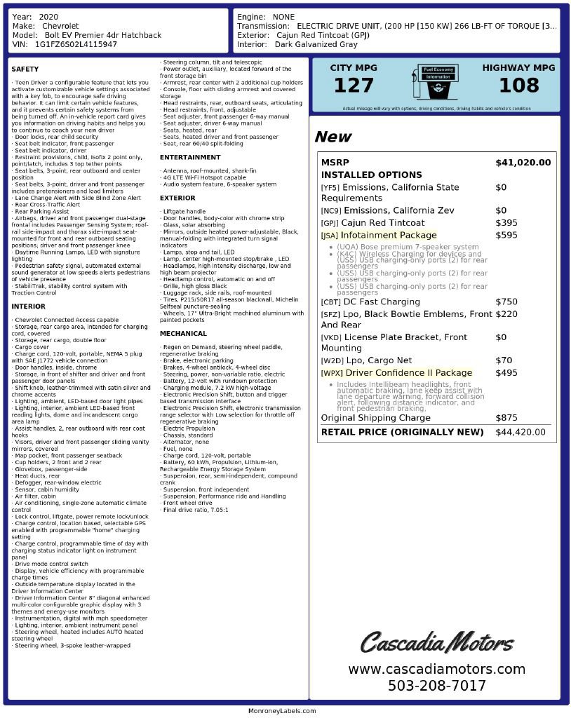 Used 2020 Chevrolet Bolt Premier w/ Infotainment Package FWD image 4