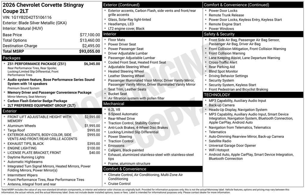 Used 2026 Chevrolet Corvette Stingray Preferred Cpe w/ Z51 Performance Package RWD image 2