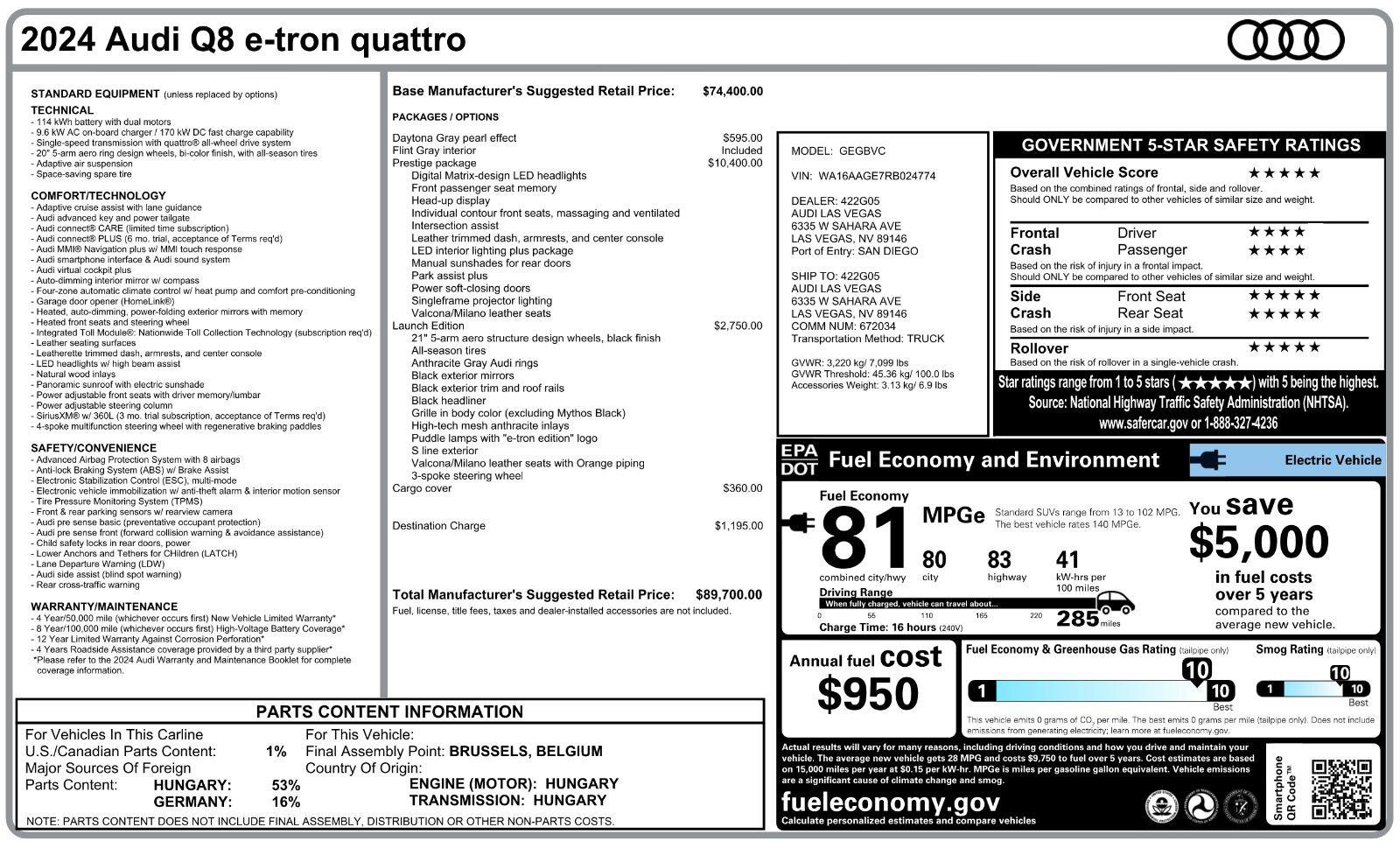 Used 2024 Audi Q8 e-tron Prestige w/ Prestige Package AWD/4WD image 5